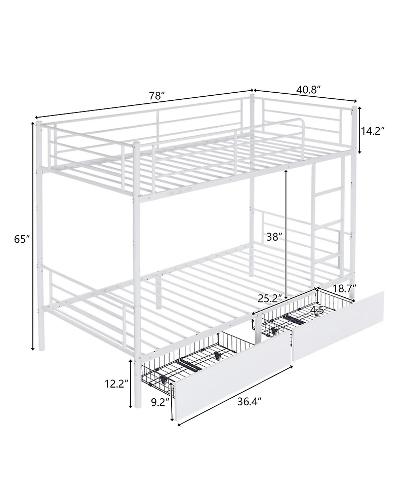Slickblue Twin Over Twin Metal Bunk Bed with 2 Storage Drawers