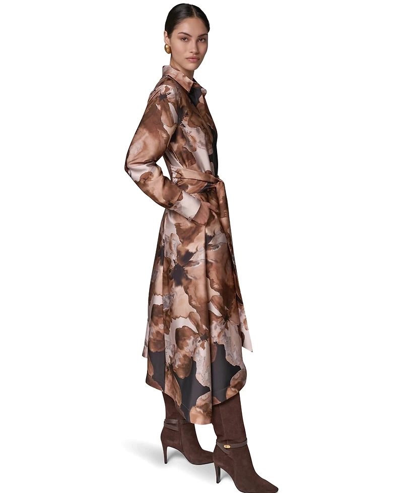 Donna Karan New York Women's Satin Long-Sleeve Midi Shirt Dress