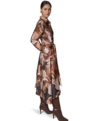 Donna Karan New York Women's Satin Long-Sleeve Midi Shirt Dress
