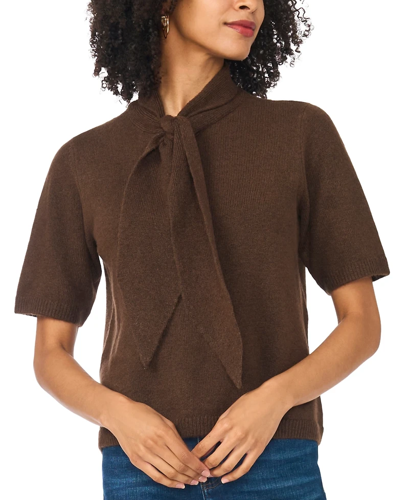 Sam & Jess Women's Cozy Tie Neck Short-Sleeve Loose-Fit Sweater
