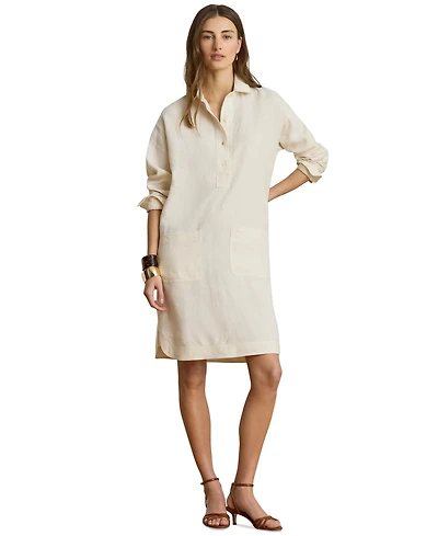 Lauren Ralph Women's Linen Spread Collar Long Sleeve Shirt Dress