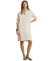 Lauren Ralph Women's Linen Spread Collar Long Sleeve Shirt Dress