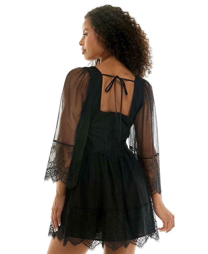 Seni & Cade Juniors' Pin Dot Mesh Lace Babydoll Mini Dress