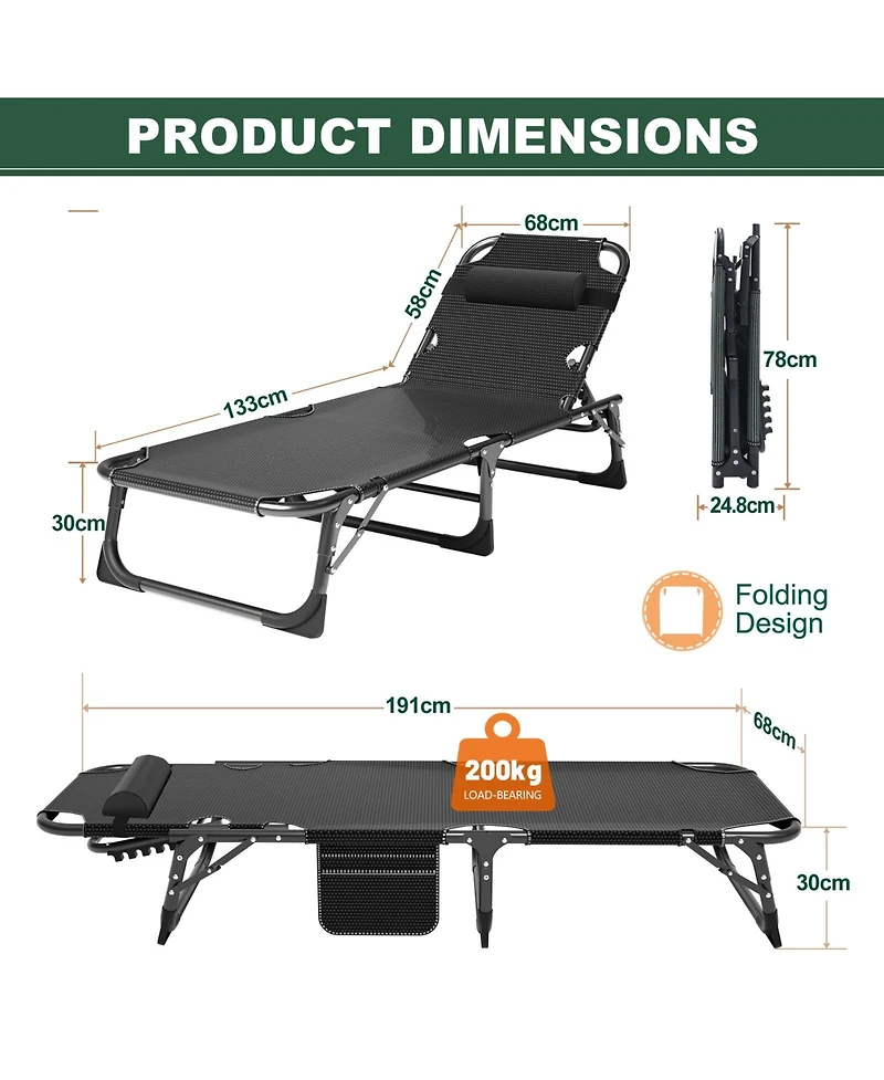 Mooncool Sleeping Cots Folding Chaise Lounge Chairs 5-Position Outdoor for Beach Lawn Camping Pool