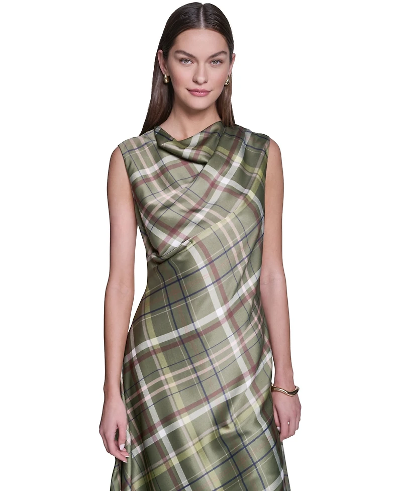 Halston Women's Cowl Neck Plaid Asymmetrical Midi Dress