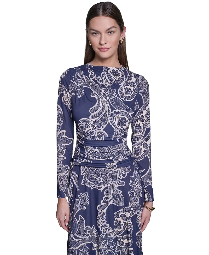 Halston Women's Long-Sleeve Paisley-Print A-Line Midi Dress