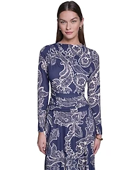 Halston Women's Long-Sleeve Paisley-Print A-Line Midi Dress