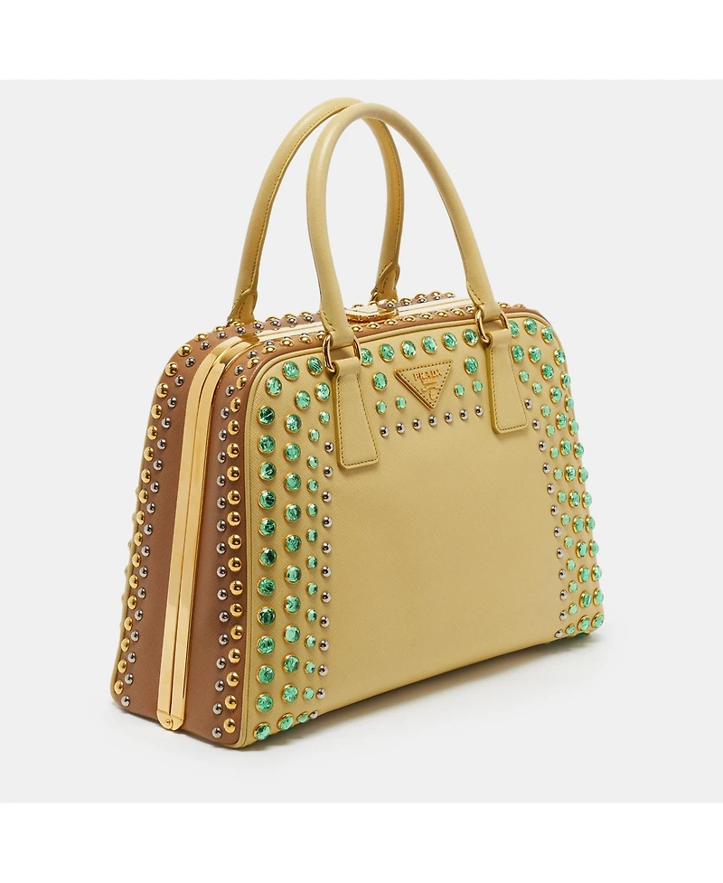 Pre-Owned Prada Women's Pyramid Stud and Crystal Embellished Saffiano Leather Satchel