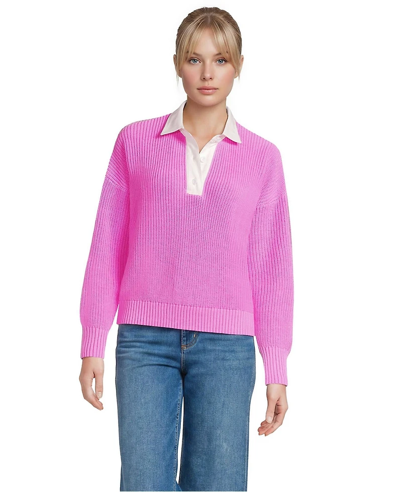 Lands' End Women's Drifter Rugby with Woven Collar Sweater