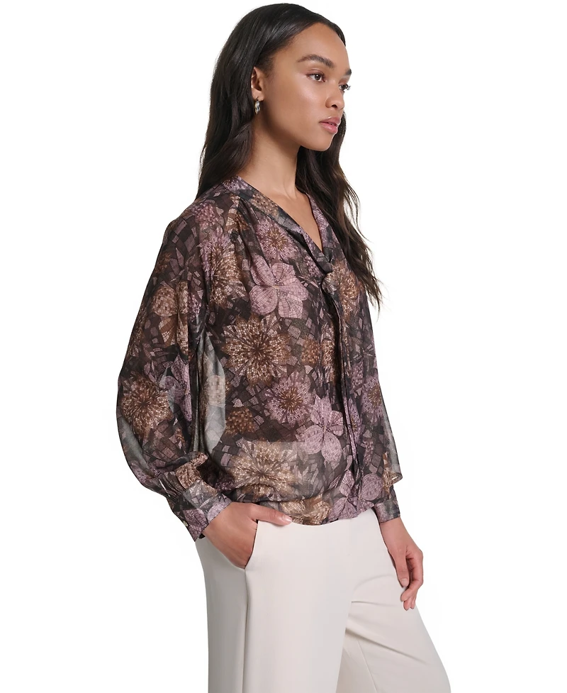 Karl Lagerfeld Paris Women's Tie Neck Sheer Floral Blouse