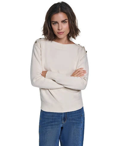 Karl Lagerfeld Paris Women's Button Shoulder Boat Neck Long-Sleeve Sweater