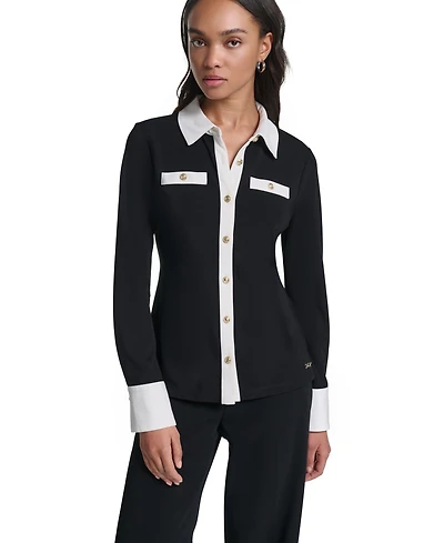 Karl Lagerfeld Paris Women's Colorblock Long-Sleeve Polo Sweater