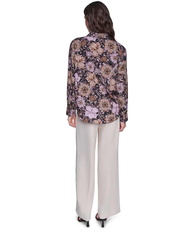 Karl Lagerfeld Paris Women's Floral-Print Long-Sleeve Point-Collar Blouse