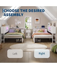 homfan Twin Corner Bed Frame with Storage, Charging Station Led Light, Metal Platform Bed with 2 Drawers, Adjustable Desk and Bookcase Headboard