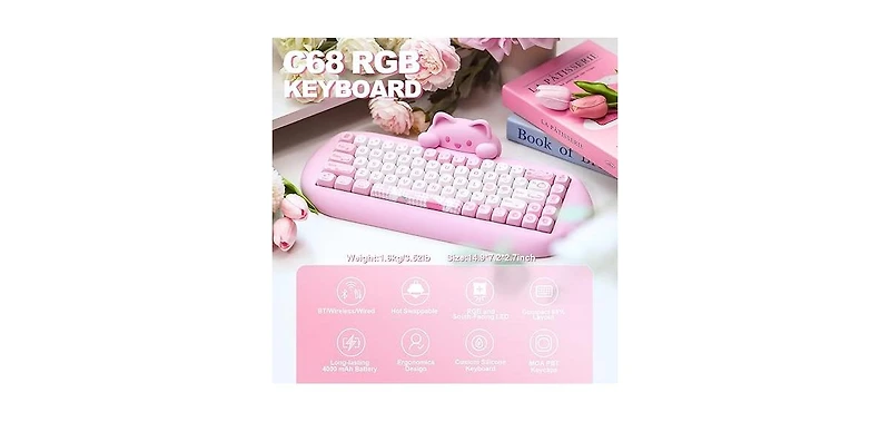 Ipason C68 Wireless Cute Cat Mechanical Keyboard for Pc and Mac
