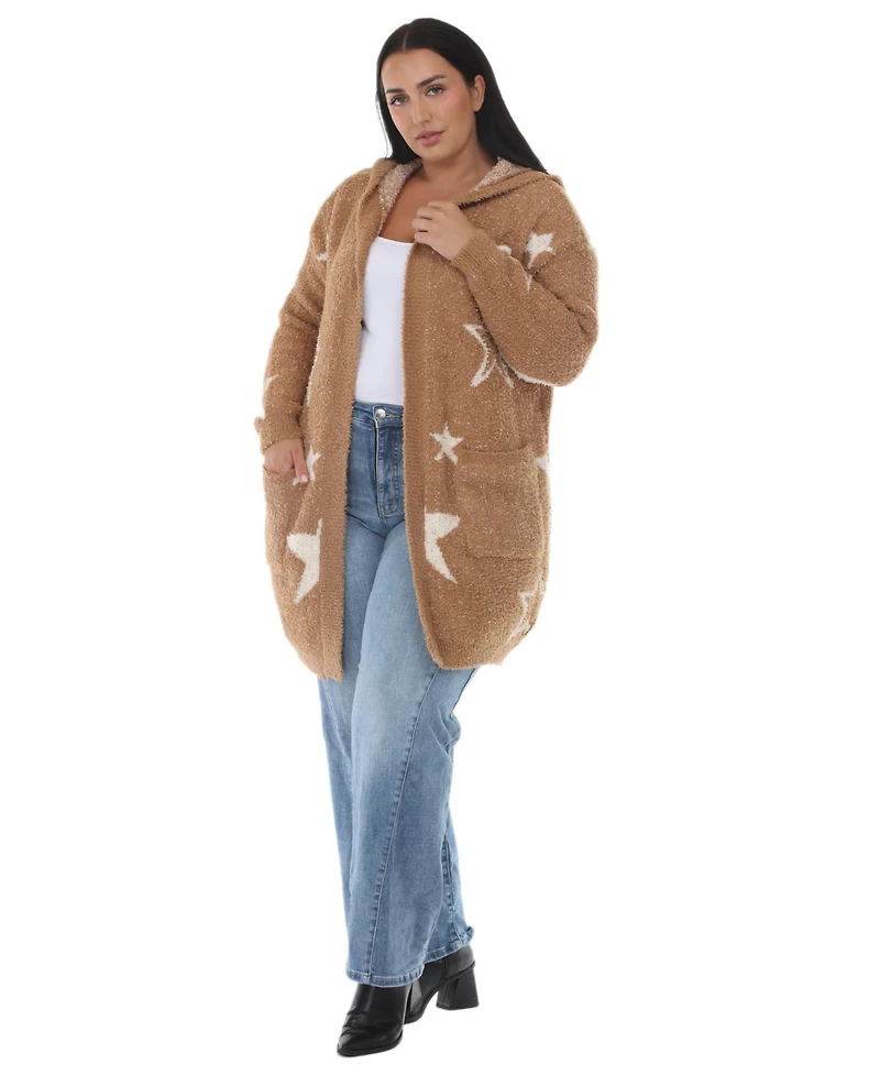 White Mark Plus Hooded Star-Print Sherpa Cardigan