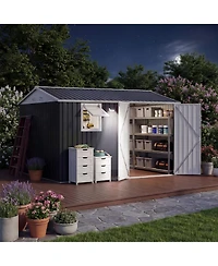 10 x Ft Outdoor Storage Shed with Window, Pegboard and Solar Light, Metal Tool for Garden, Backyard, Patio