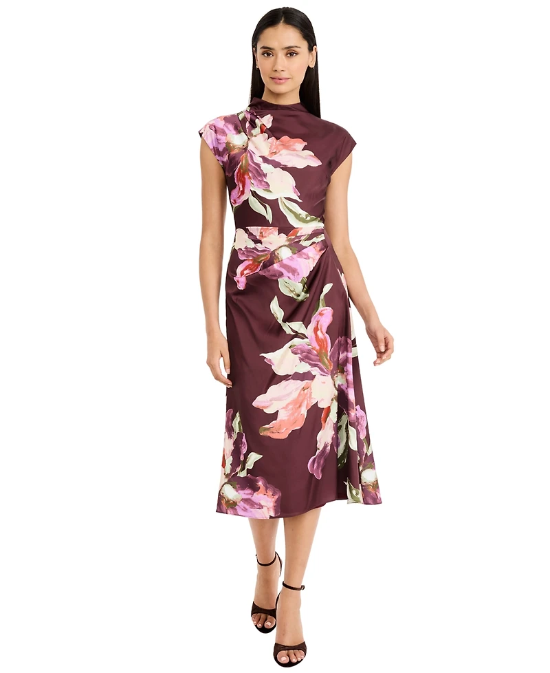 Maggy London Women's Floral-Print A-Line Mock Neck Midi Dress