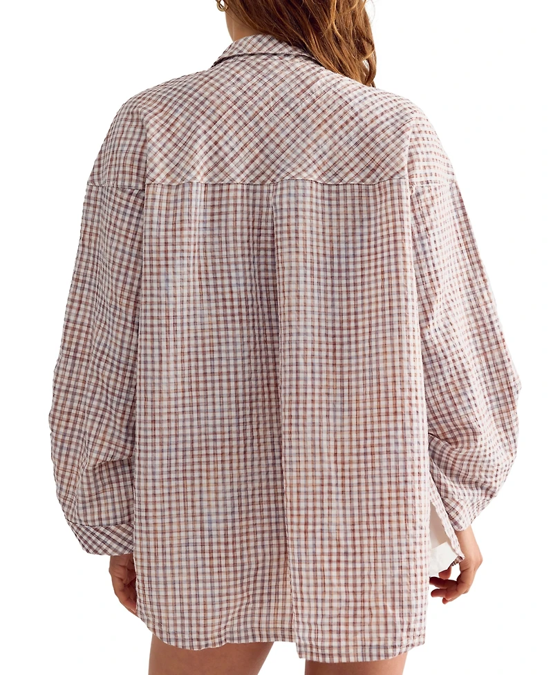 Free People Women's Cross My Heart Gingham Long-Sleeve Relaxed-Fit Sleep Shirt