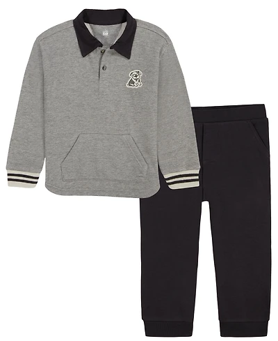 Kids Headquarters Toddler Boys' 2T-5T Embroidered-Dog Long-Sleeve Polo Pullover and Joggers, 2-Piece Set