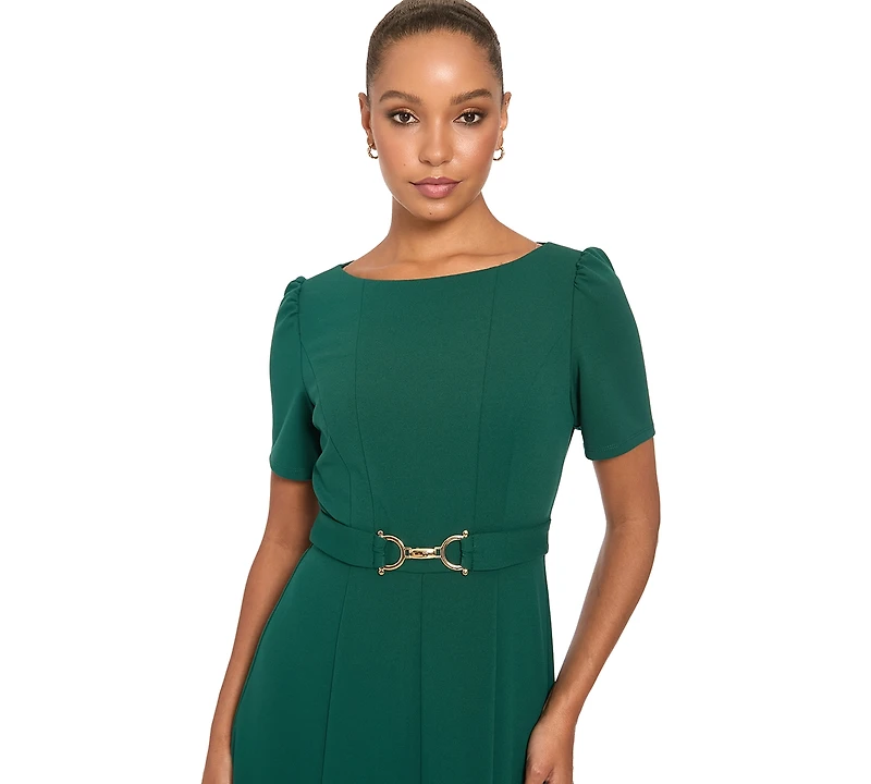 London Times Women's A-Line Belted Midi Dress