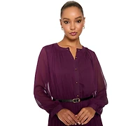 London Times Women's Tea Pleated Chiffon Midi Long-Sleeve Dress