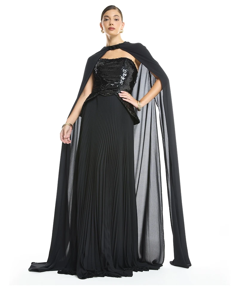 Amri Women's Sequin Bustier Pleated Evening Gown with Detachable Cape