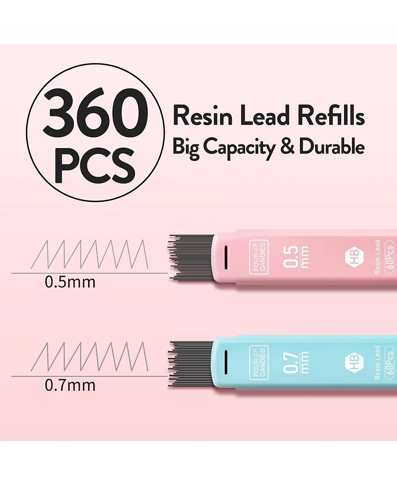 Four Candies Cute Mechanical Pencil Set 6Pieces, 0.5 and 0.7mm with 360 Hb Leads and Erasers, Aesthetic School Supplies