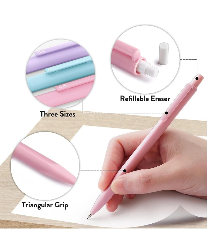 Four Candies Cute Mechanical Pencil Set 6Pieces, 0.5/0.7/0.9mm with 360 Leads and Erasers, Aesthetic School Supplies