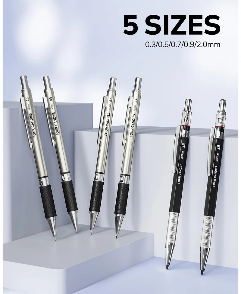 Four Candies 27Pieces Mechanical Pencil Set with Case, 0.3/0.5/0.7/0.9mm and 2mm Leads, Technical Drawing Kit