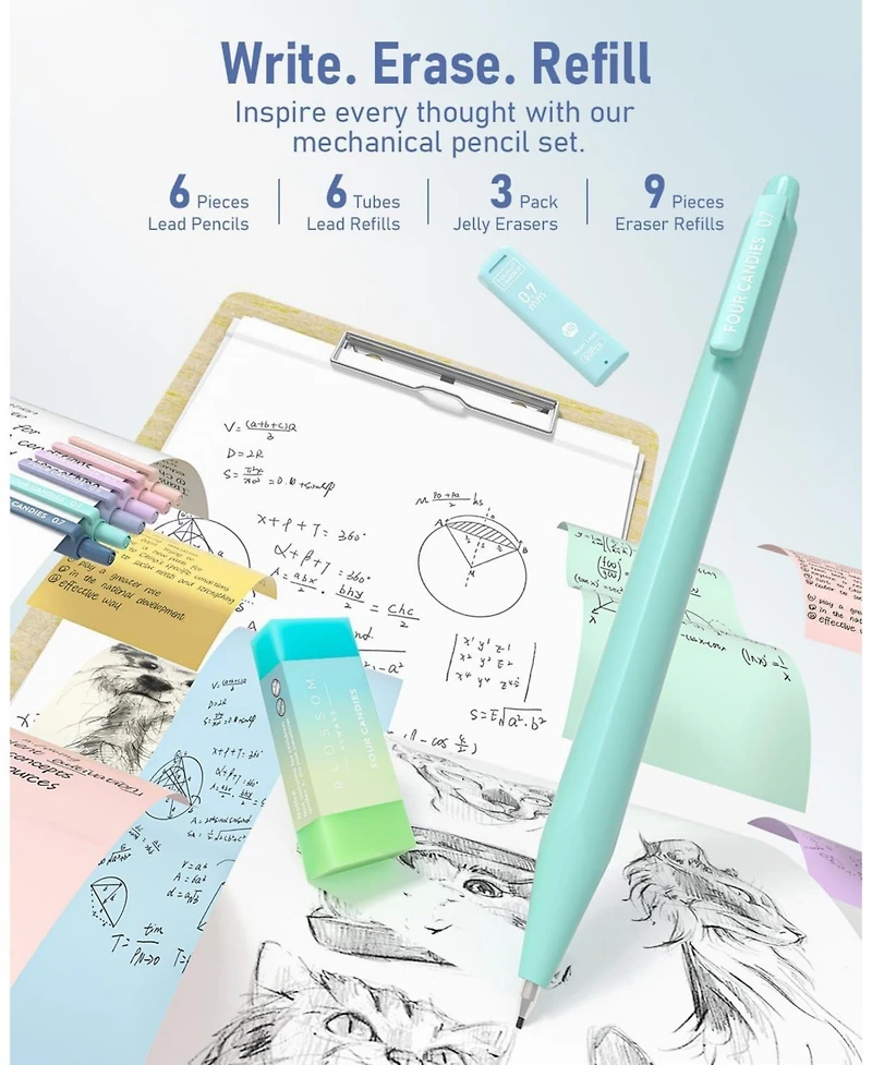 Four Candies 39Pieces Aesthetic Stationery Set w/Case, 12 Highlighters, 5 Gel Pens, 6 Pencils