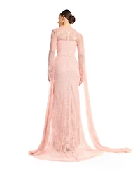 Amri Women's High Neck Lace Sheath Gown with Cape Sleeve - Long Train Evening Dress