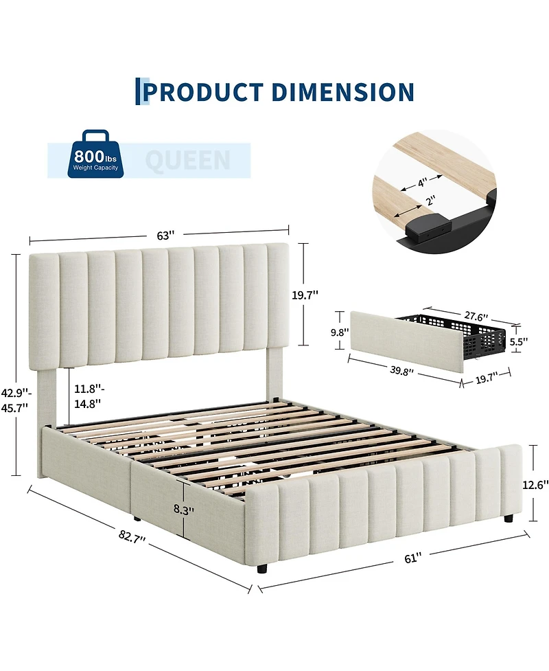 Homfan Storage Platform Bed Frame – 4 Drawers, Adjustable Headboard, No Box Spring Needed, Heavy-Duty Wooden Structure