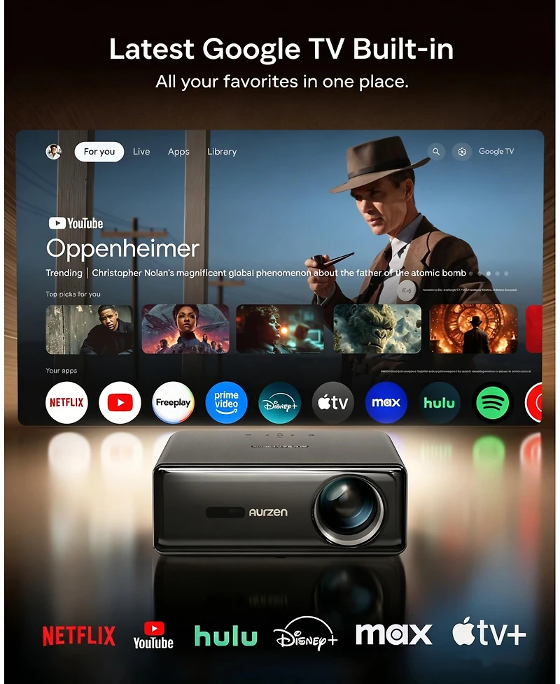 Aurzen Portable Home Theater Projector with Gemini for Tv, Google Tv Built-in, 1000 Ansi Lumens, Memc Tech, 4K Support, 20W DoIby Audio