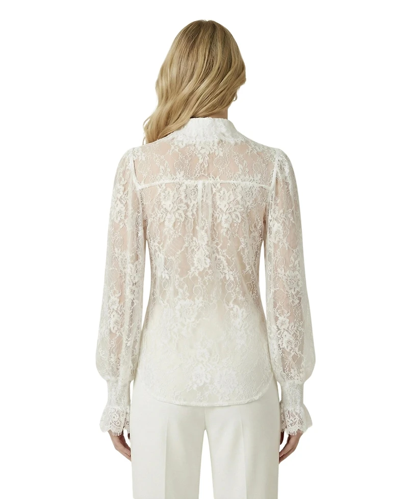 Modenaire Women's Sheer Floral-Print Long-Sleeve Lace Blouse
