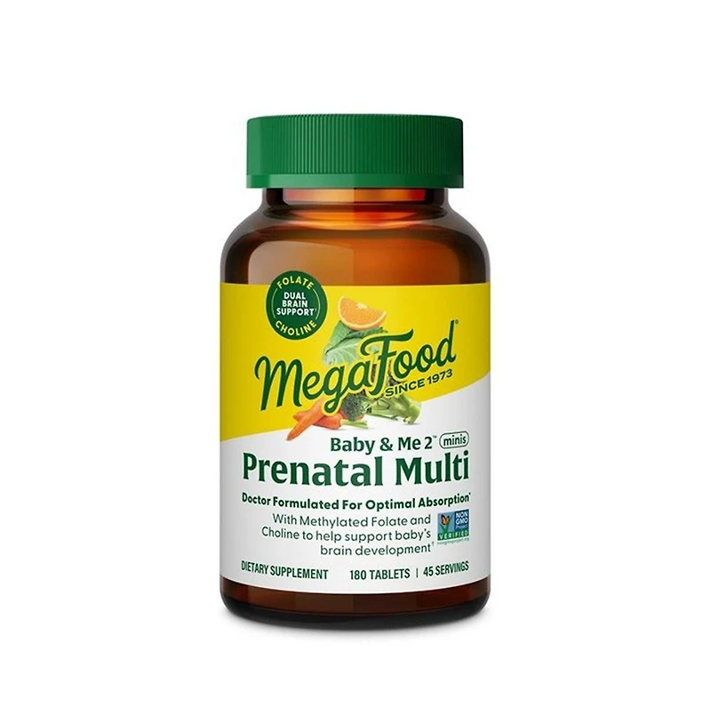 MegaFood Baby and Me 2 Prenatal Multi Minis Prenatal Vitamins for Women with Choline and Methylated Folate 180 Ct