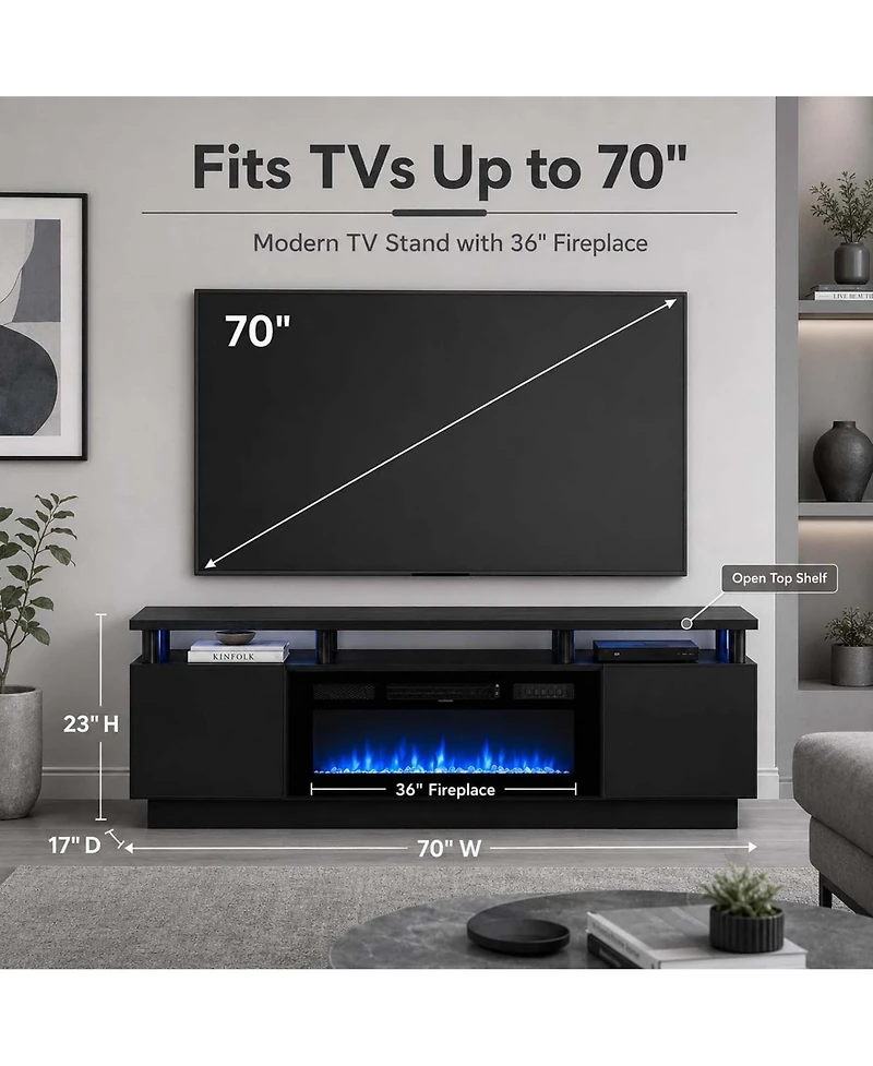homfan 70Inch Fireplace Tv Stand with 36Inch Electric Fireplace 2Tier Media Console Cabinet 750W 1500W Heater 12 Flame Colors for Living Room Bedroom