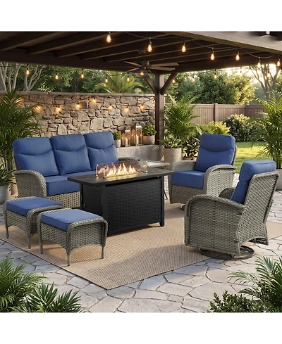 Pocassy 7 Pieces Patio Furniture Set with Fire Pit High Back Outdoor 6-inch Cushions Wicker Swivel Rocker Chairs