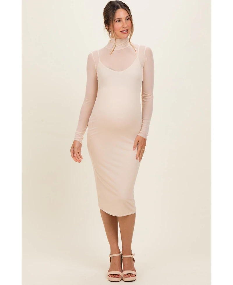 Pinkblush Maternity Forest Green Mesh Overlay Fitted Midi Dress