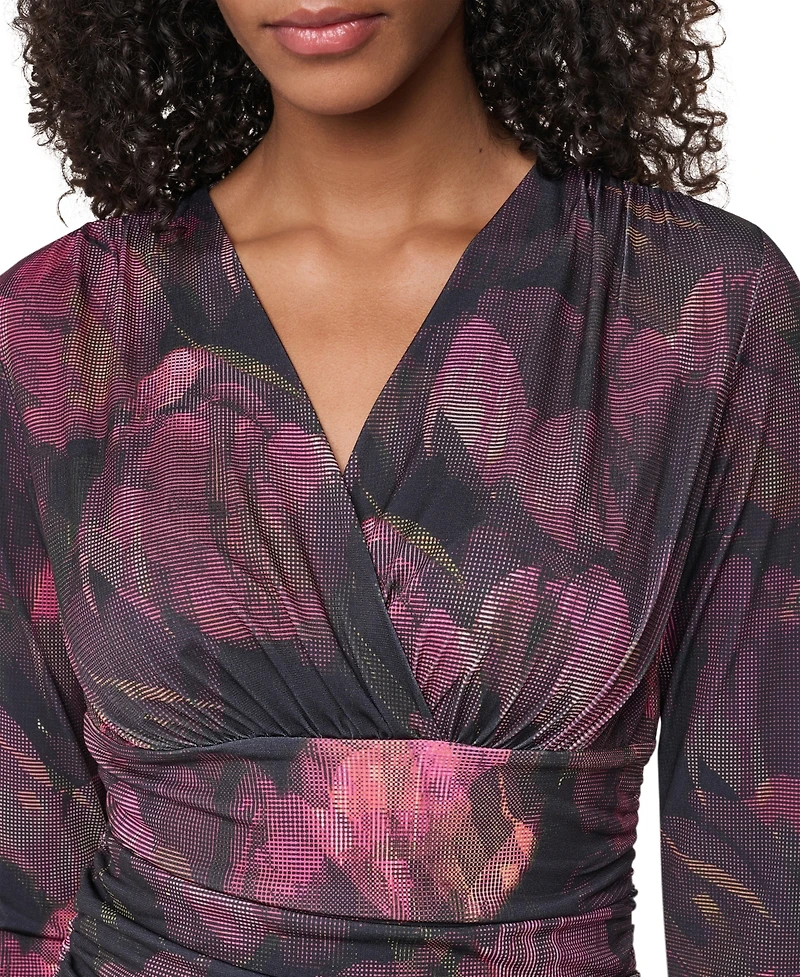 Dkny Women's Floral-Print Ruched Long-Sleeve V-Neck Blouse