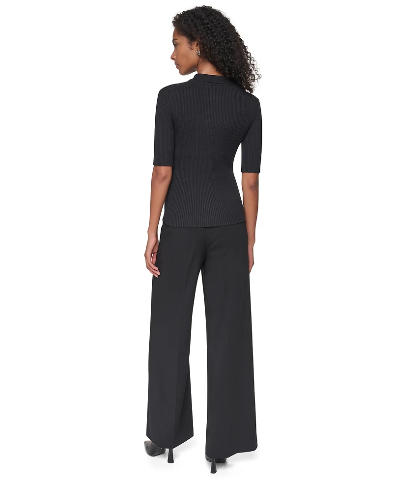 Dkny Women's Polo Short-Sleeve Ribbed-Knit Zip-Front Sweater