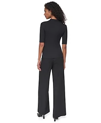 Dkny Women's Polo Short-Sleeve Ribbed-Knit Zip-Front Sweater