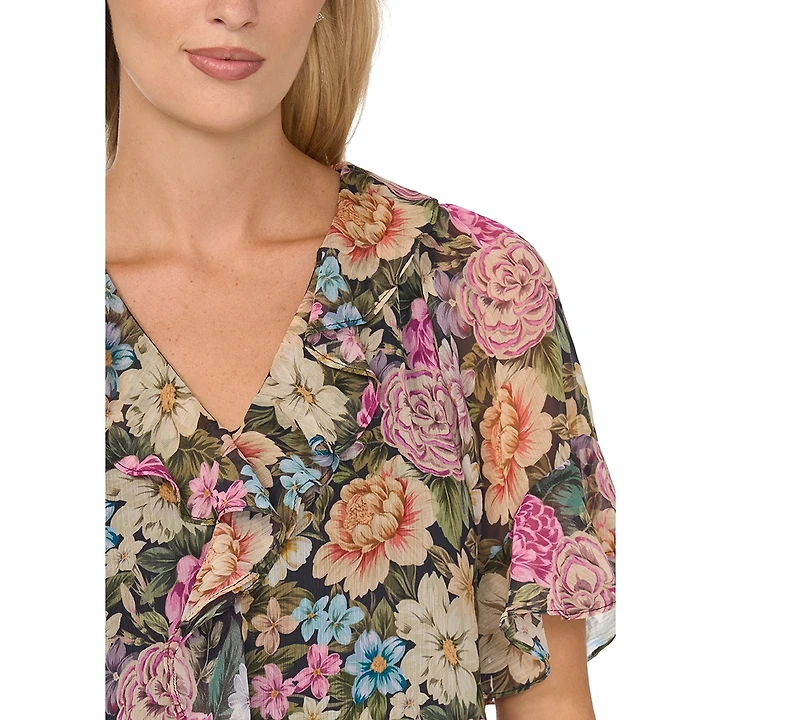 CeCe Women's Short-Flutter-Sleeve Floral Ruffle Blouse