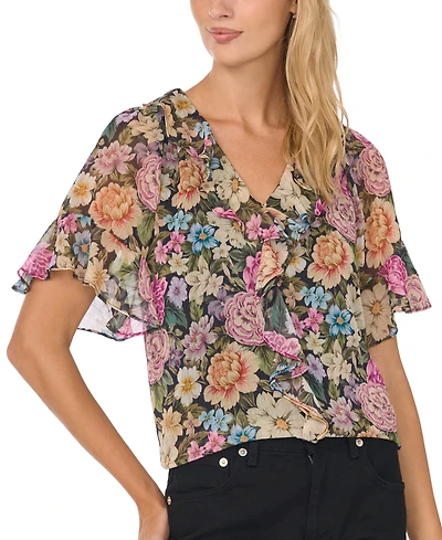 CeCe Women's Short-Flutter-Sleeve Floral Ruffle Blouse