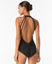 Vince Camuto Women's Plunge V-Neck Crochet Ruched One-Piece Swimsuit