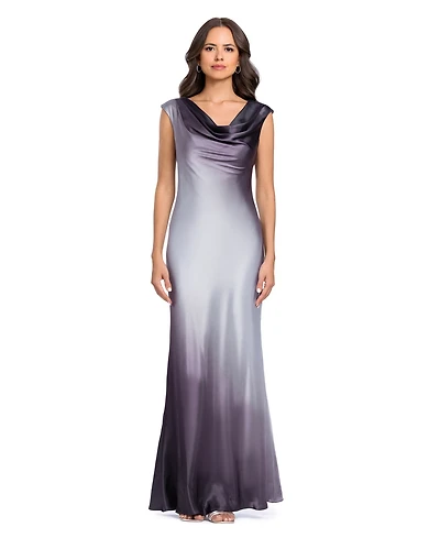 Betsy & Adam Petite Long Ombre Drape Charm Cowl Neck Satin Gown