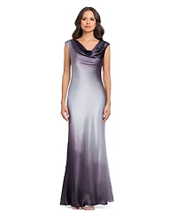 Betsy & Adam Petite Long Ombre Drape Charm Cowl Neck Satin Gown