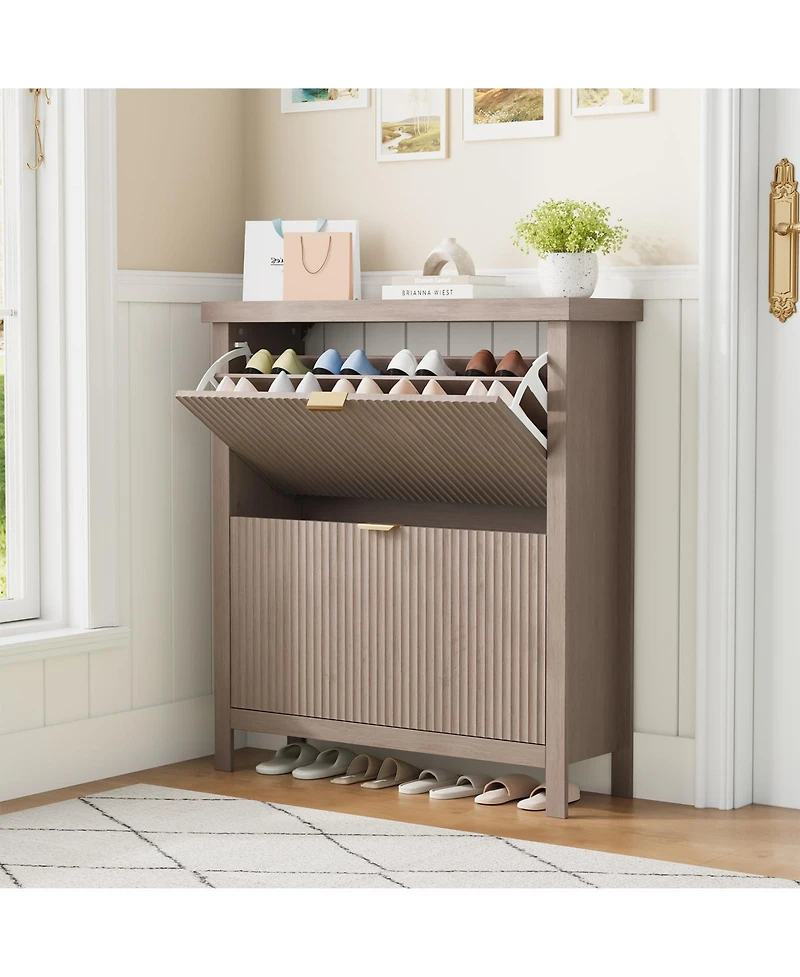 gaomon Striped freestanding entryway shoe cabinet with double-layer flip drawers, adjustable shelves and dust-proof back panel