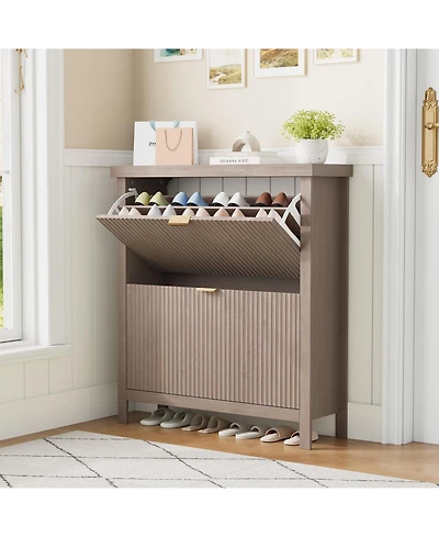gaomon Striped freestanding entryway shoe cabinet with double-layer flip drawers, adjustable shelves and dust-proof back panel