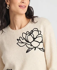 Vince Camuto Women's Chenille Floral Embroidery Crewneck Sweater